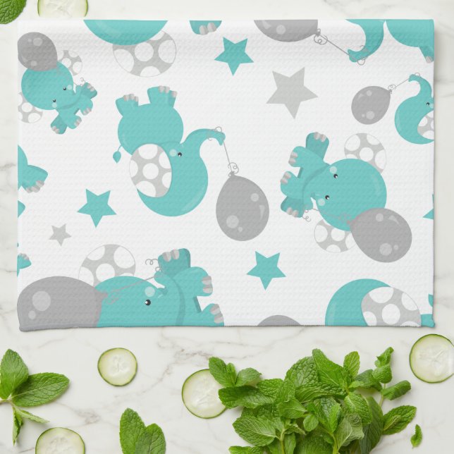 Paño De Cocina Patrón De Elefantes Azules, Elefantes Cutetos, Est (Doblado)