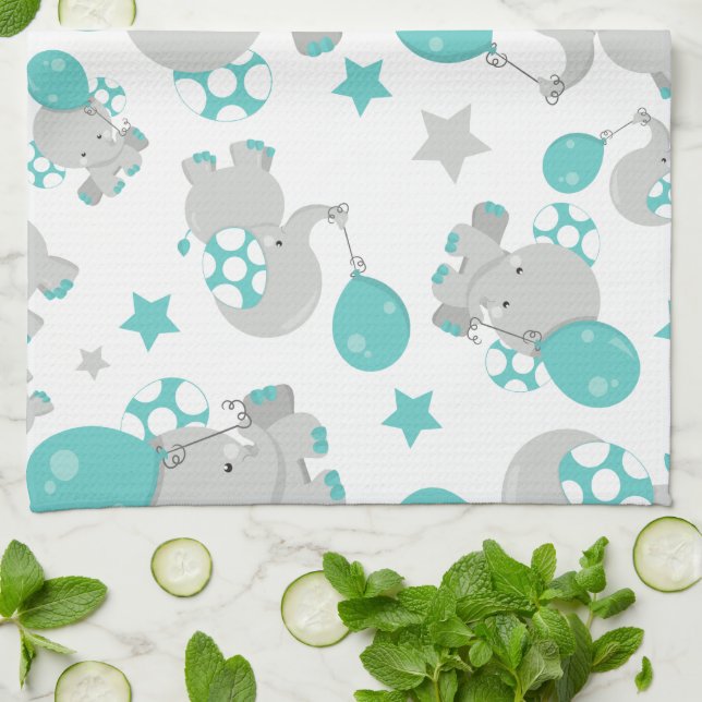 Paño De Cocina Patrón de Elefantes, Elefantes Cutos - Gris Azul (Doblado)