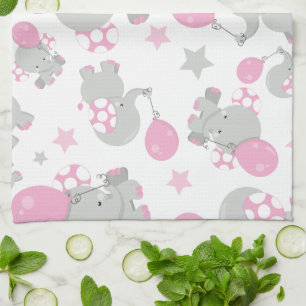 Paño De Cocina Patrón de Elefantes, Elefantes Cutos - Gris Rosa