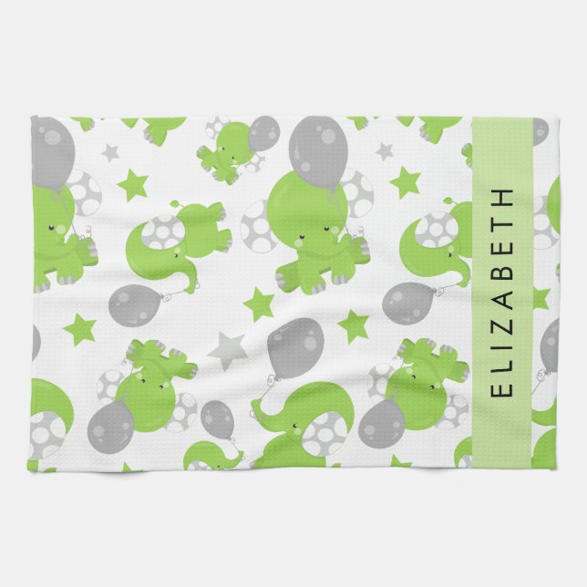 Paño De Cocina Patrón de elefantes verdes, estrellas, tu nombre (Horizontal)
