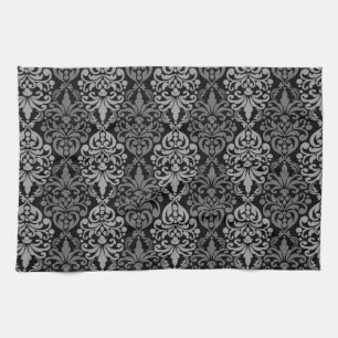 Paño De Cocina Patrón de encaje de Damasco de color gris negro vi