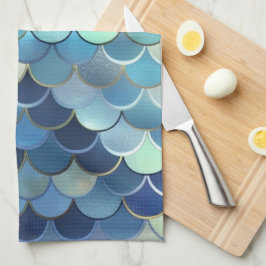 Paño De Cocina Patrón de escama de pez cielo azul fondo dorado