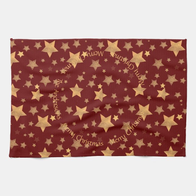 Paño De Cocina Patrón de estrellas de oro rojo elegante Feliz Nav (Horizontal)