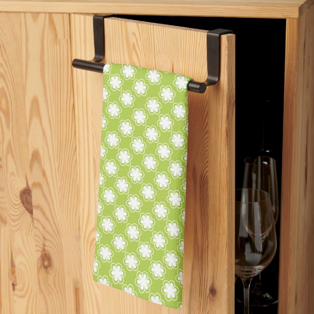 Paño De Cocina Patrón de flor blanca y verde limón (Pliegue de tercios)