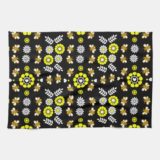 Paño De Cocina Patrón de Flor de Abeja Botánica (Horizontal)