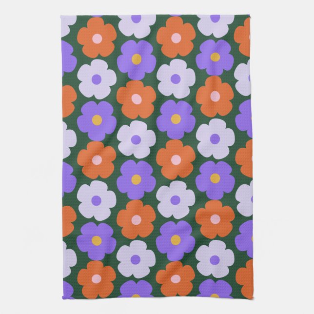 Paño De Cocina Patrón de flor retro en morado y verde   (Vertical)