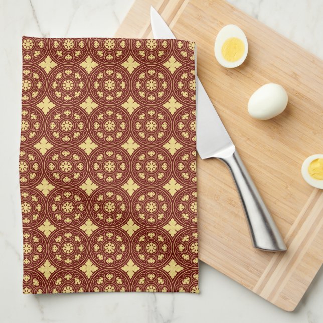 Paño De Cocina Patrón de flor rojo oscuro amarillo medieval (Doblado Cuarto)