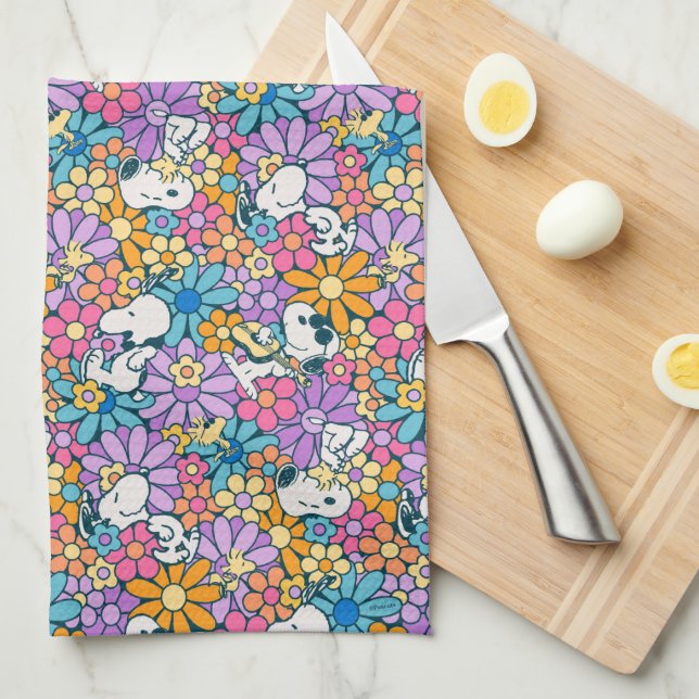 Paño De Cocina Patrón de flor Snoopy & Woodstock (Doblado Cuarto)