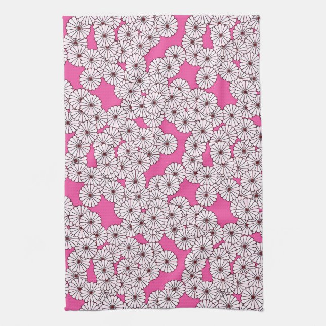 Paño De Cocina Patrón de flores Art Deco - blanco sobre rosa (Vertical)