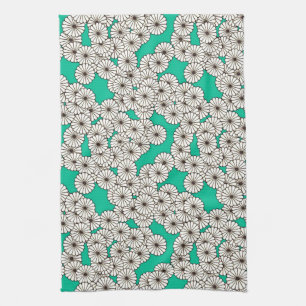 Paño De Cocina Patrón de flores Art Deco - blanco sobre turquesa