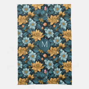 Paño De Cocina Patrón de flores coloreadas monograma personalizad