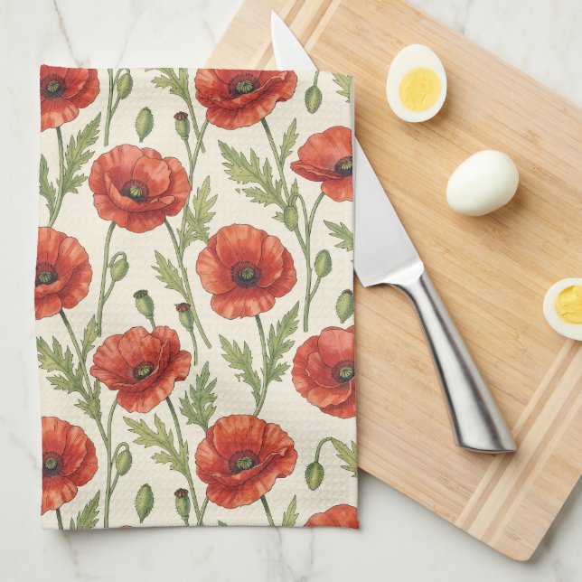 Paño De Cocina patrón de flores de amapola (Doblado Cuarto)