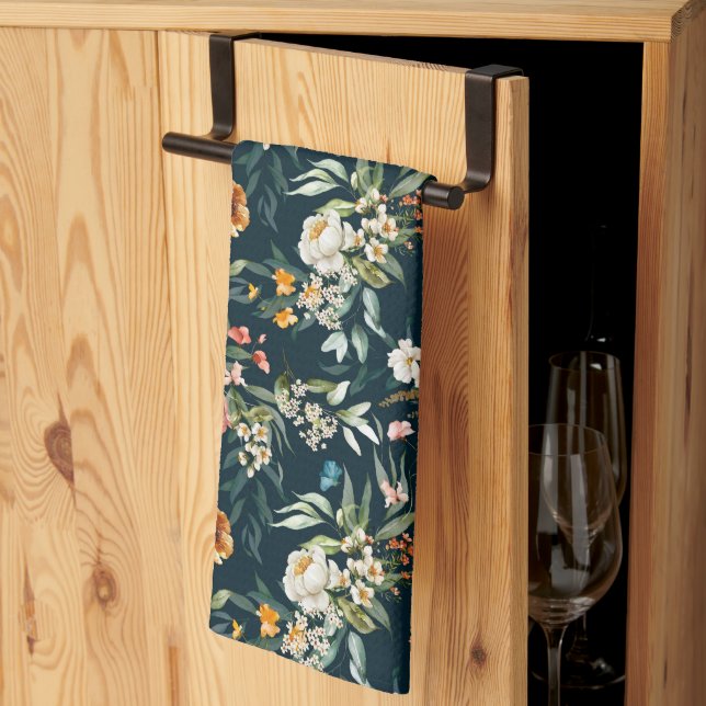 Paño De Cocina Patrón de flores de jardín de estilo azul oscuro (Pliegue de tercios)