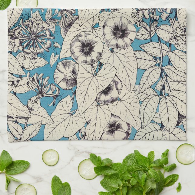 Paño De Cocina Patrón de flores gráficas en blanco azul (Doblado)
