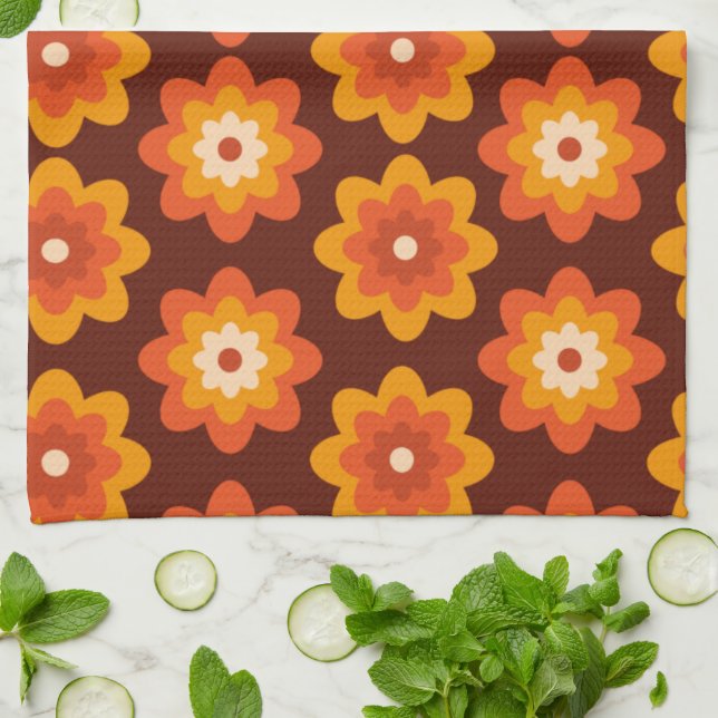 Paño De Cocina Patrón de flores naranja boho hippie retro groovy  (Doblado)