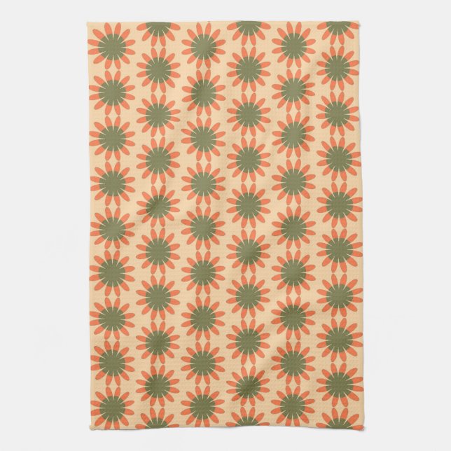 Paño De Cocina Patrón de flores retro naranja y verde (Vertical)
