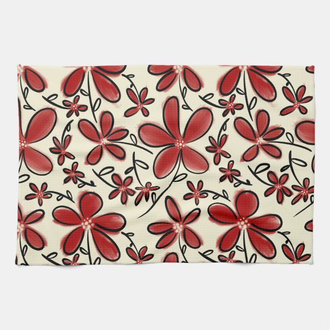 Paño De Cocina Patrón de flores rojas (Horizontal)