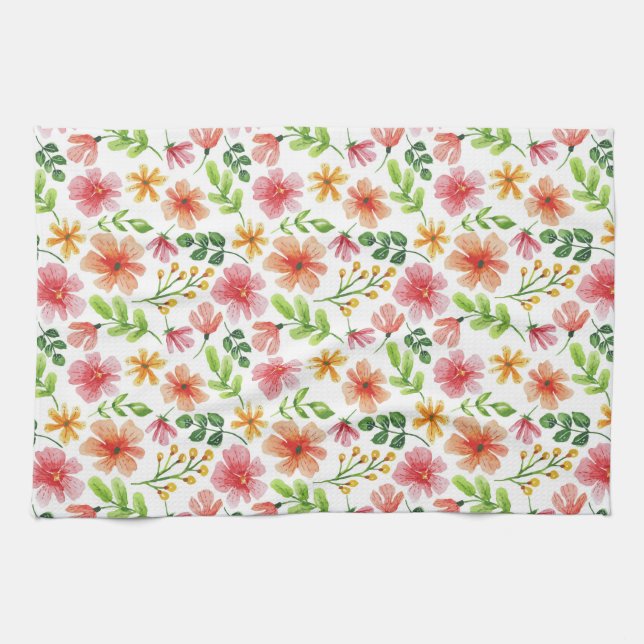 Paño De Cocina Patrón de flores rosadas acuarela (Horizontal)