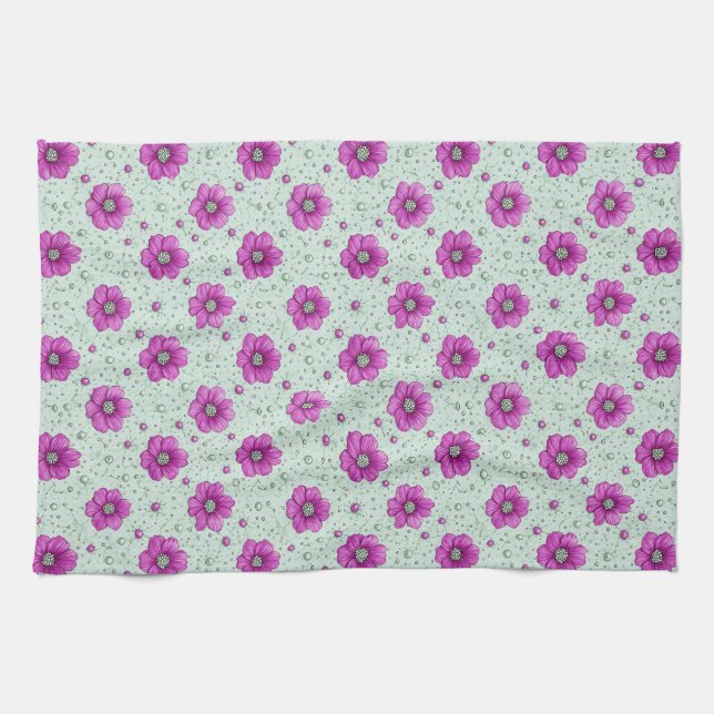 Paño De Cocina Patrón de flores rosadas con gotas (Horizontal)