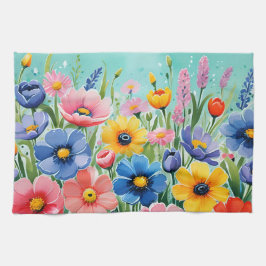 Paño De Cocina Patrón de flores vibrantes de primavera en acuarel
