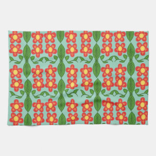 Paño De Cocina Patrón de flores y hojas de arte popular rojo pers
