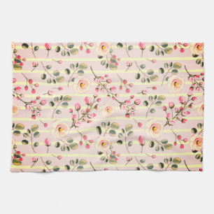 Paño De Cocina Patrón de franja floral rosa suave