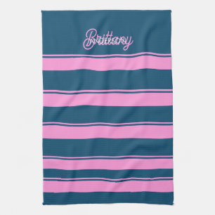Paño De Cocina Patrón de franjas azul y rosa personalizado
