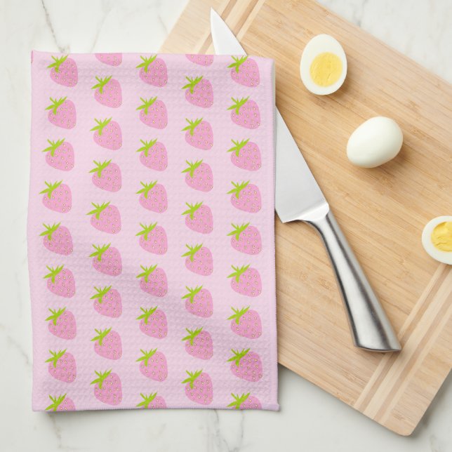 Paño De Cocina Patrón de fresa rosa crudo (Doblado Cuarto)