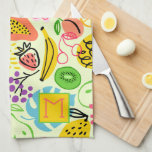 Paño De Cocina Patrón de fruta moderno Verde pálido<br><div class="desc">Su monograma inicial en esta toalla de cocina verde pálida con un moderno patrón de fruta de piñas,  peras,  naranjas,  cerezas,  papaya,  uvas,  kiwis y melocotones (espalda blanca). ¡También puedes poner este diseño en otros productos!</div>