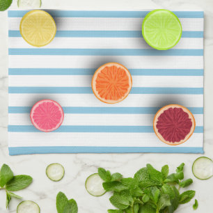 Paño De Cocina Patrón de frutas cítricas en franjas azules