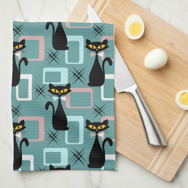 Paño De Cocina Patrón de gato negro de Mid Century (Doblado Cuarto)