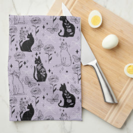 Paño De Cocina Patrón de gato negro místico y mariposa | Brujería