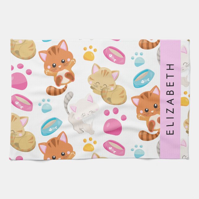 Paño De Cocina Patrón De Gatos, Gatos Cutos, Kitty, Paws, Tu Nomb (Horizontal)