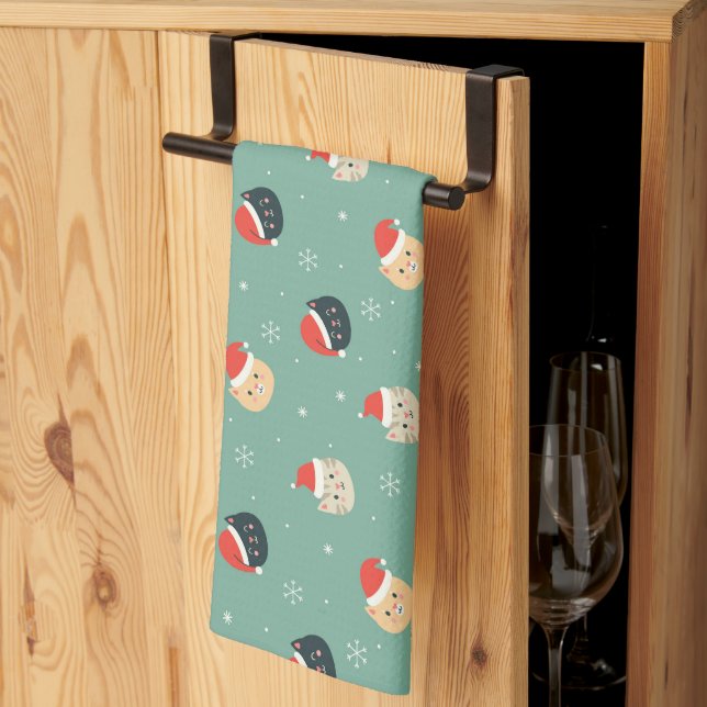Paño De Cocina Patrón de gatos navidades en sombreros (Pliegue de tercios)