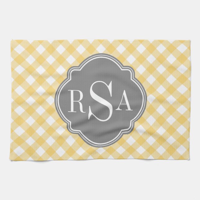 Paño De Cocina Patrón de Gingham amarillo Gris Triple Monograma (Horizontal)