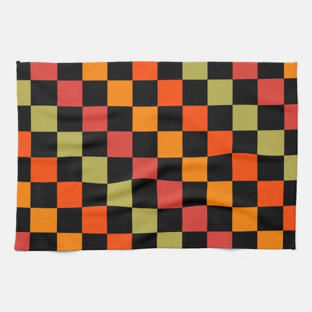 Paño De Cocina Patrón de Gingham de naranja Black Checkered (Horizontal)