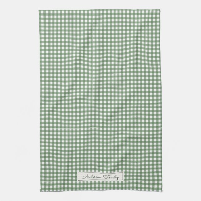 Paño De Cocina Patrón de Gingham en Verde con Nombre (Vertical)