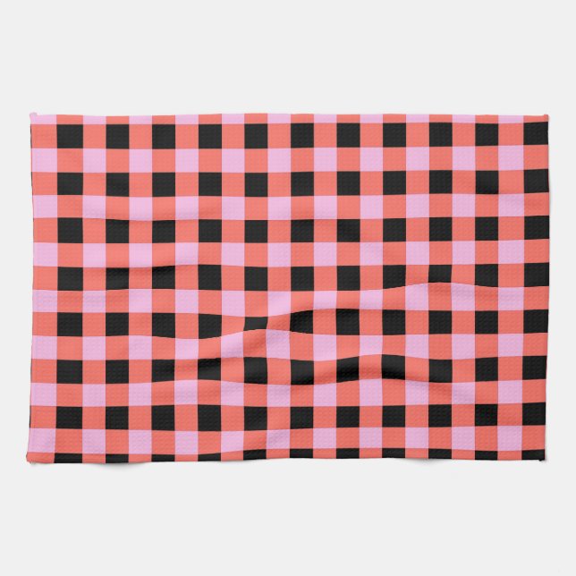 Paño De Cocina Patrón de Gingham negro rosado (Horizontal)