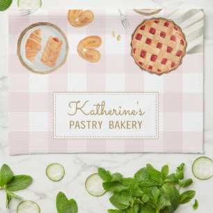 Paño De Cocina Patrón de Gingham Pastelería Acuarela Panadería