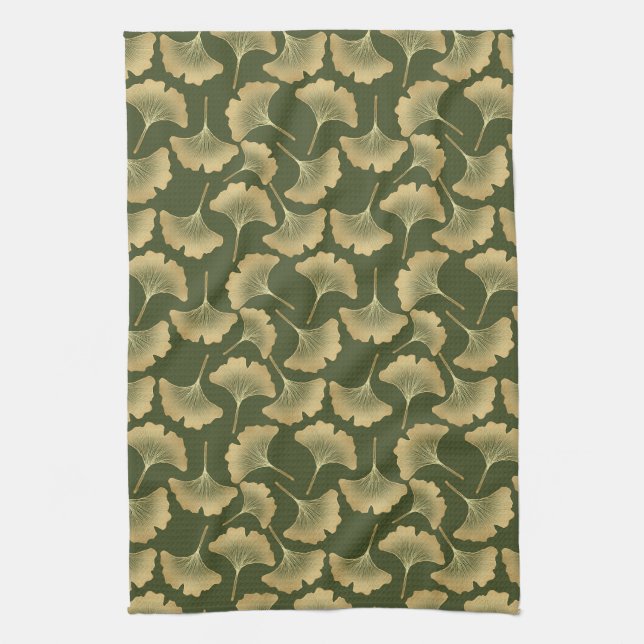 Paño De Cocina Patrón de Ginkgo en Oro Mínimo (Vertical)