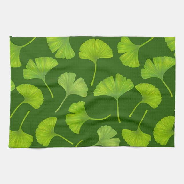 Paño De Cocina Patrón de Ginkgo en verde oscuro (Horizontal)