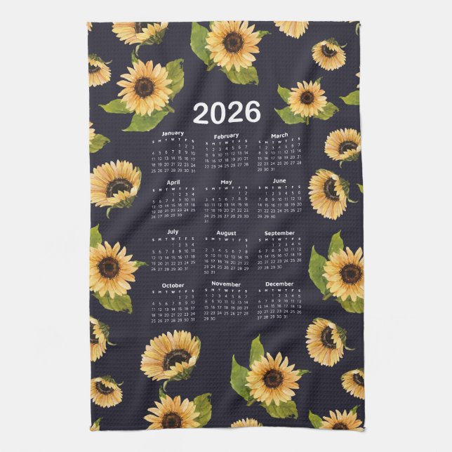 Paño De Cocina Patrón de girasoles acuarela del calendario 2026 (Vertical)