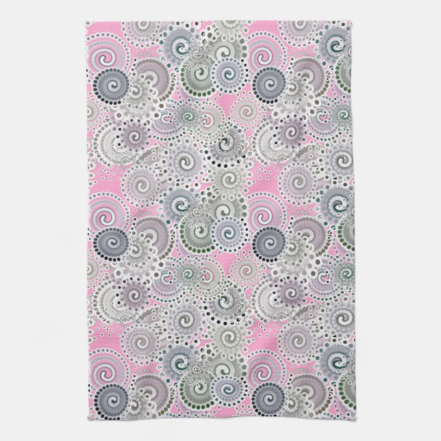 Paño De Cocina Patrón de giro fractal, rosa y gris (Vertical)