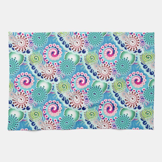 Paño De Cocina Patrón de giro fractal, turquesa, rosa, múltiple (Horizontal)