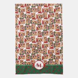 Paño De Cocina Patrón de Golden Retriever Monograma Navidad Perro