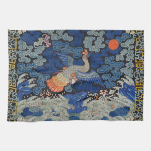 Paño De Cocina Patrón de grulla china vintage: azul imperial