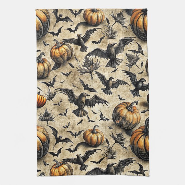 Paño De Cocina Patrón de Halloween de calabazas, cuerdas y murcié (Vertical)