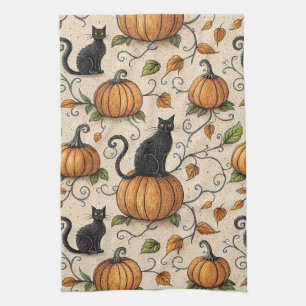 Paño De Cocina Patrón de Halloween de gatos negros y calabazas