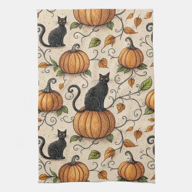 Paño De Cocina Patrón de Halloween de gatos negros y calabazas (Vertical)