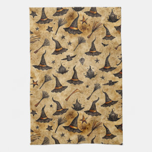 Paño De Cocina Patrón de Halloween de Vintage Witch y Broomsticks